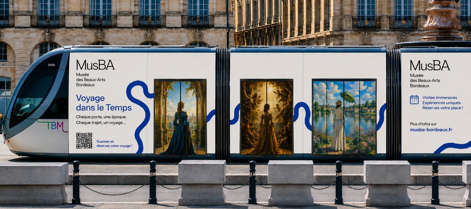 Tram wrapped in the colours of the Journey Through Time exhibition