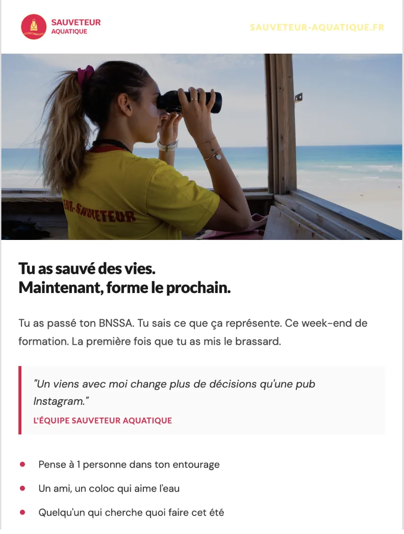 Newsletter que invita a los titulares del BNSSA a formar al próximo socorrista